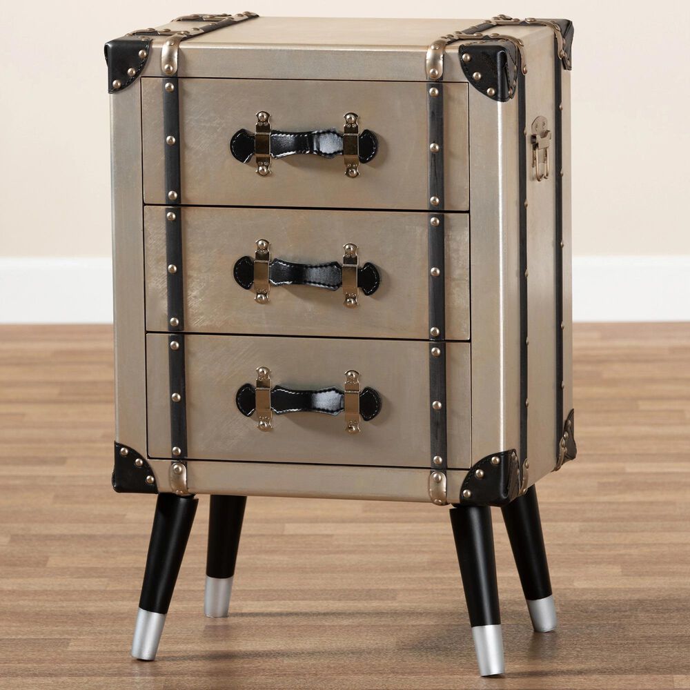 Baxton Studio Dilan 3-Drawer Nightstand in Silver/Black, , large