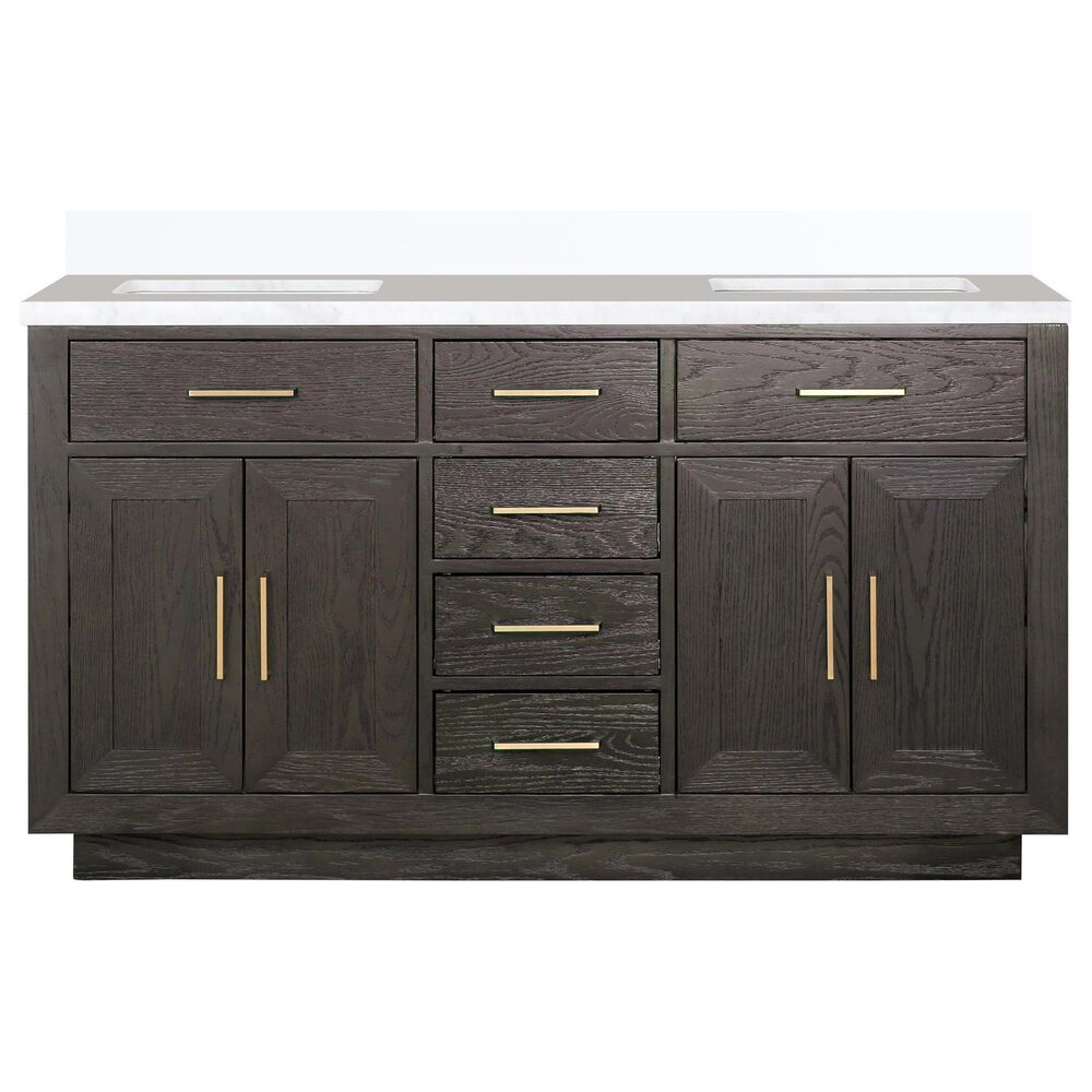 Lexora Home Abbey 60&quot; Double Bathroom Vanity in Brown Oak with 2 cm White Cultured Marble Top and Rectangular Sinks, , large