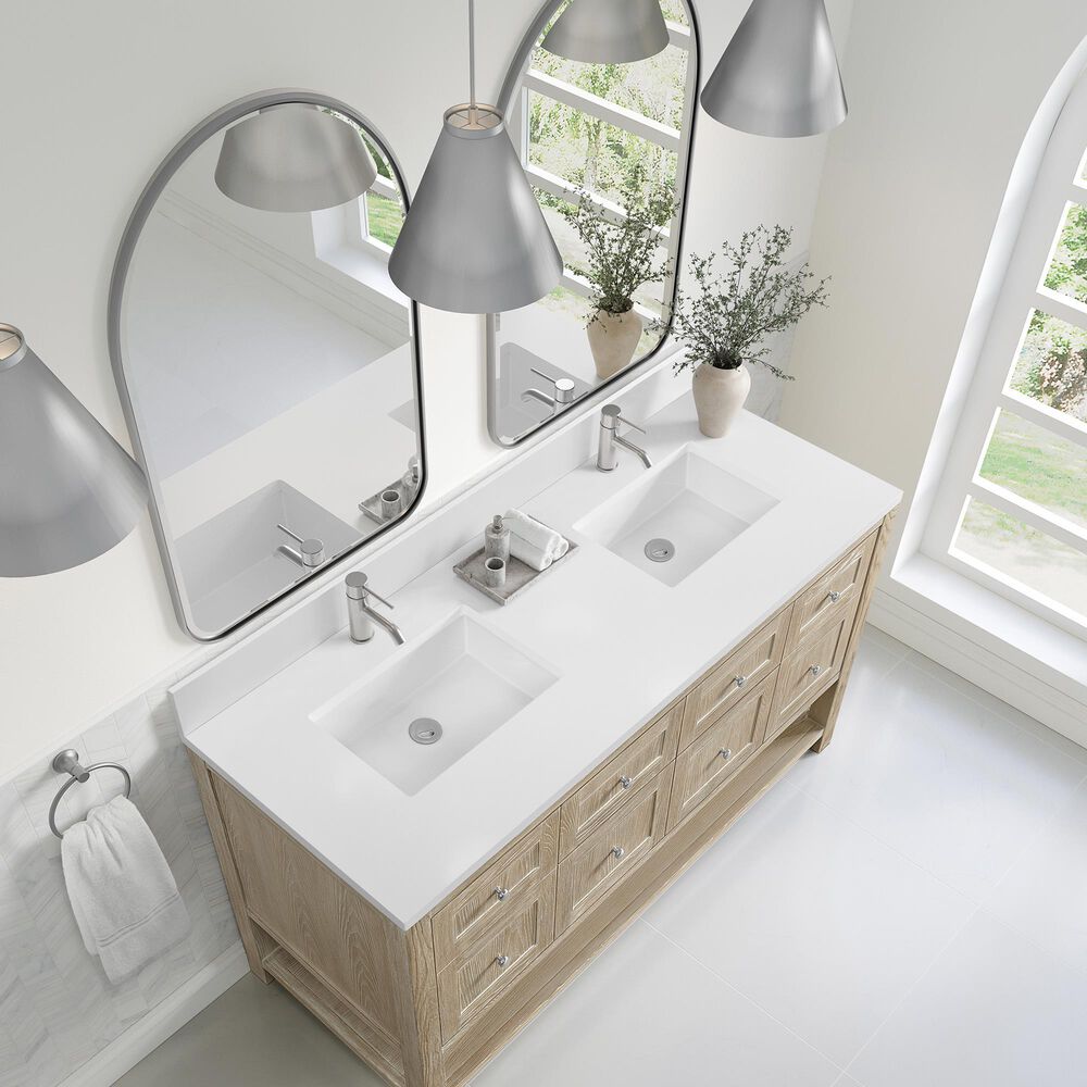 James Martin Vanities Breckenridge 60&quot; Double Bathroom Vanity in Whitewashed Oak with Single Hole 3 cm White Zeus Quartz Top and Rectangular Sinks, , large