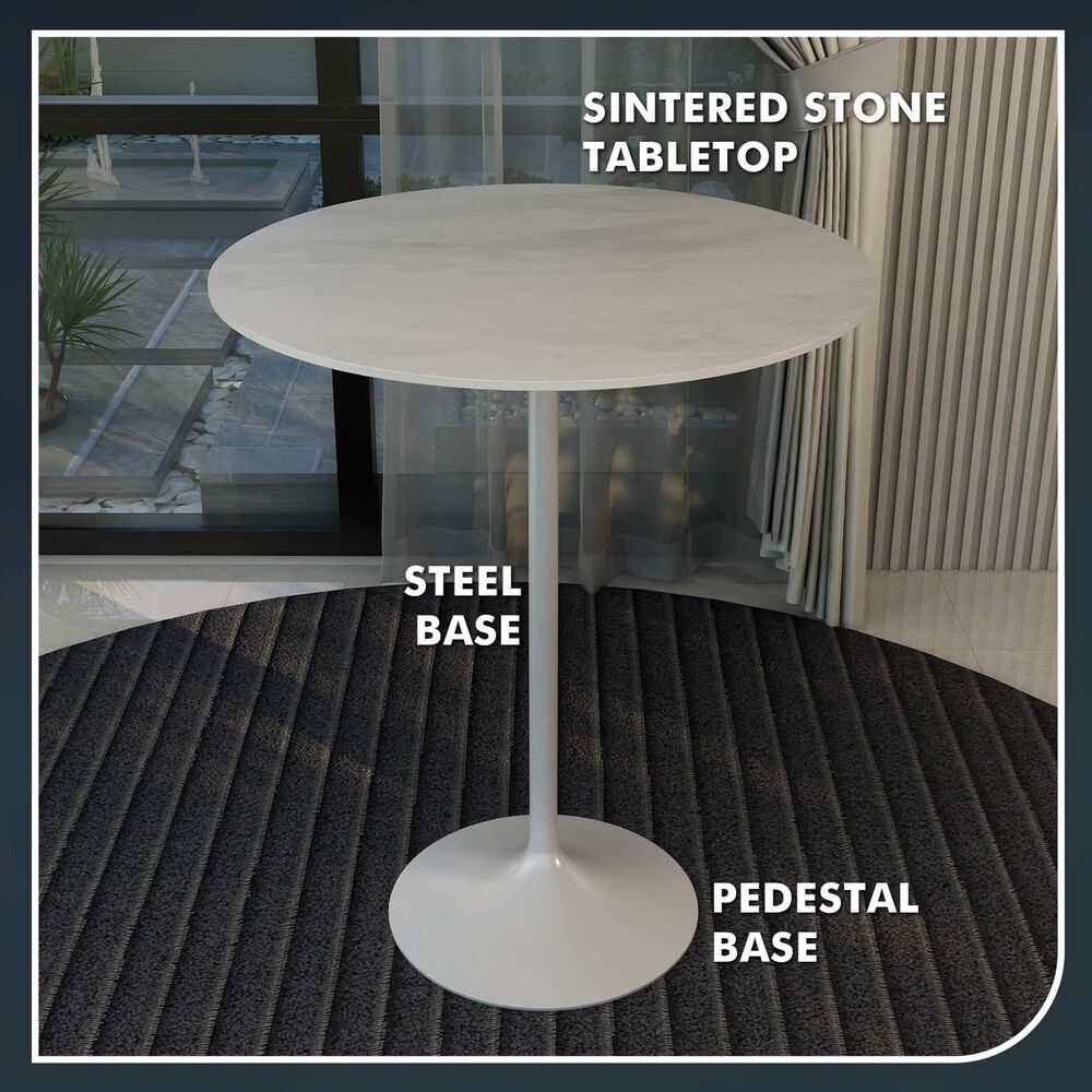 Leisuremod Verve 36&quot; Round Bar Height Dining Table with Sintered Stone Top in White - Table Only, , large