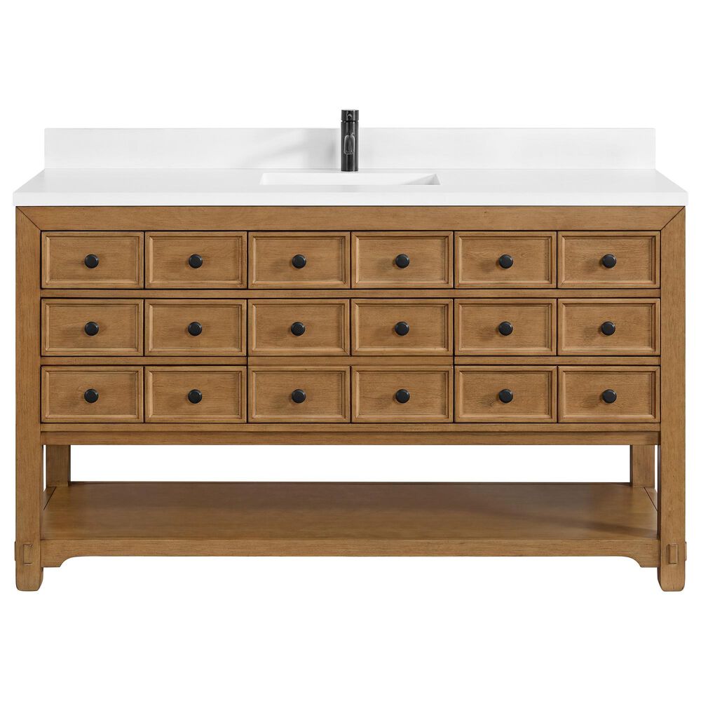 James Martin Malibu 60&quot; Single Bathroom Vanity in Amber Birch with Single Hole 3 cm White Zeus Quartz Top and Rectangular Sink, , large