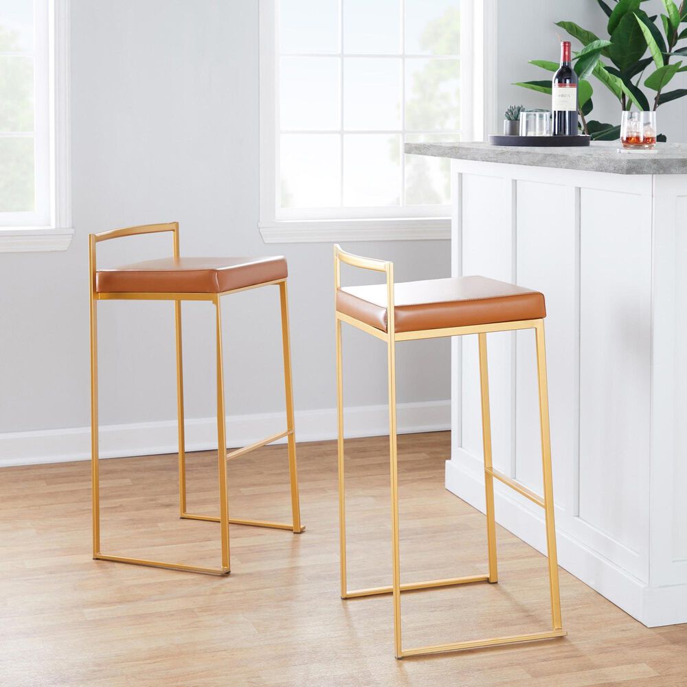 LumiSource Fuji 30" Stacker Bar Stool with Camel Upholstery in Gold (Set of 2), , large
