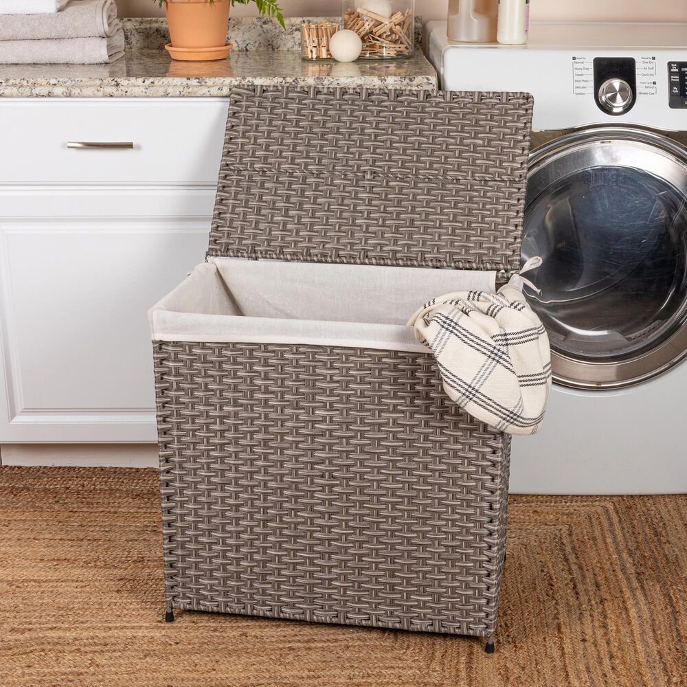 Household Essentials Handwoven Laundry Hamper with Lid and Removable Liner Bag in Gray, , large