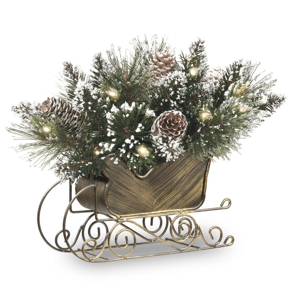 National Tree 10" Glittery Bristle Pine Sleigh with Battery Operated Warm White LED Lights, , large