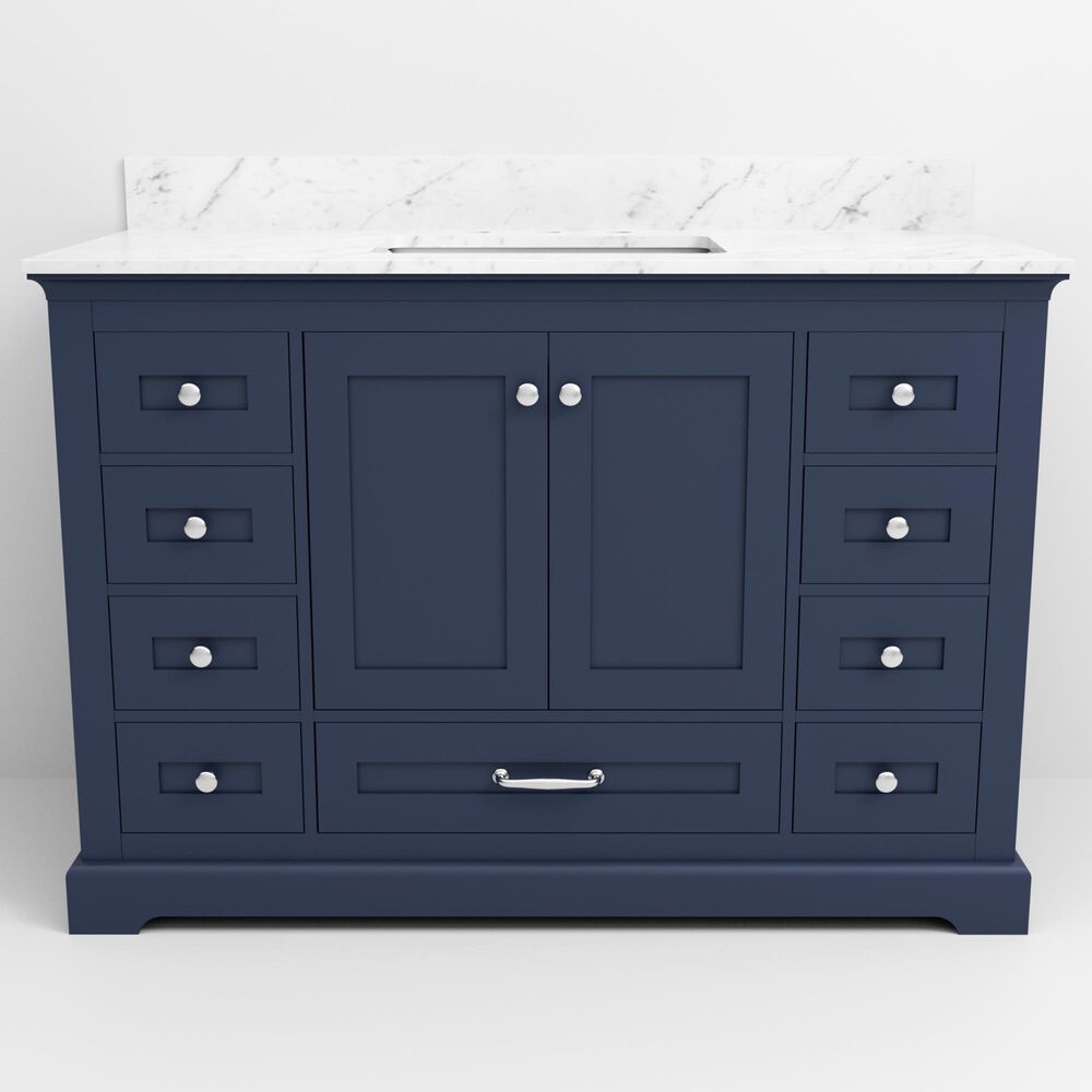 Lexora Home Dukes 48" Single Bathroom Vanity in Navy Blue with 2 cm White Carrara Marble Top and Rectangular Sink, , large