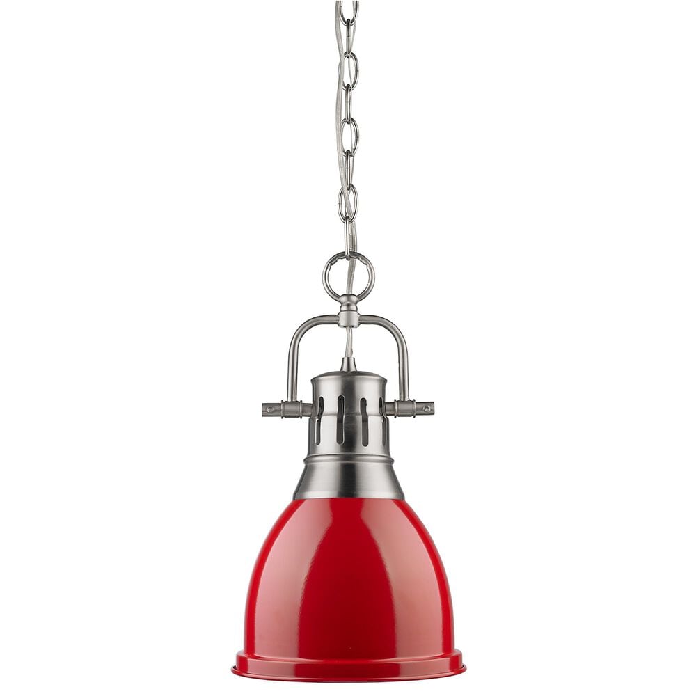 Golden Lighting Duncan 1-Light Small Pendant with Chain and Red Shade in Pewter, , large