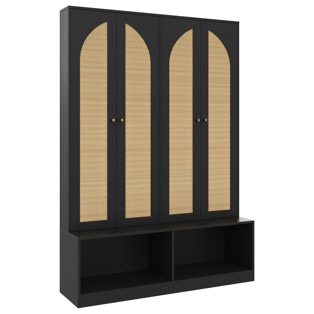 HOMLUX 6-Hook Hall Tree with 2-Rattan Doors in Black, , large