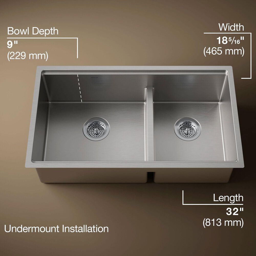 Kohler Strive 32" Undermount Double Bowl Kitchen Sink in Stainless Steel, , large