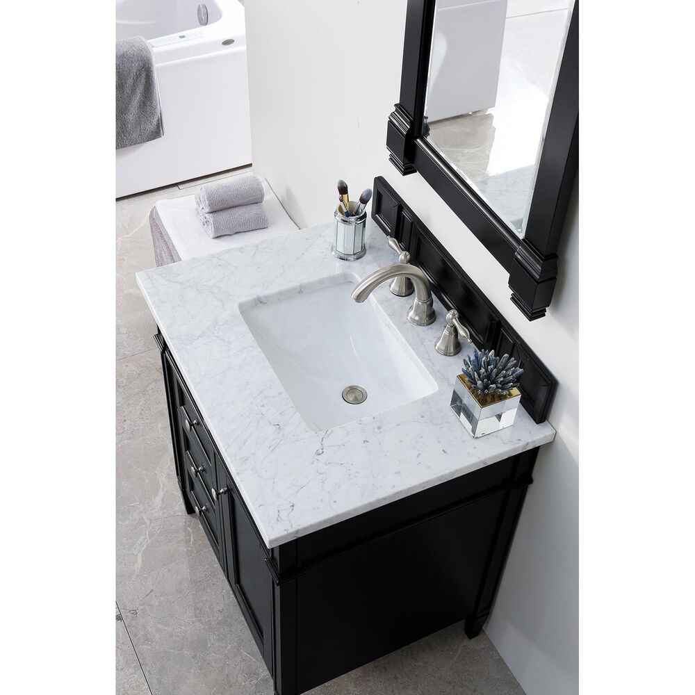 James Martin Vanities Brittany 30&quot; Single Bathroom Vanity in Black Onyx with 3 cm Carrara White Marble Top and Rectangle Sink, , large