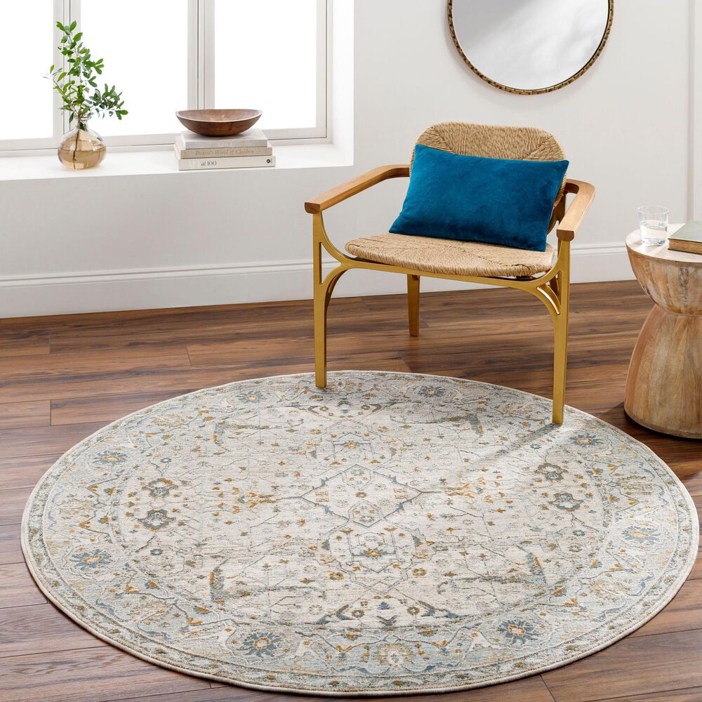 Surya Dresden Taupe, Off-White, Dusty Sage, Deep Teal, Olive, Light Gray and Mustard 5'3" Round Area Rug, , large