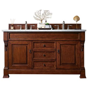 James Martin Brookfield 60" Double Bathroom Vanity in Warm Cherry with 3 cm Eternal Jasmine Pearl Quartz Top and Rectangle Sink, , large