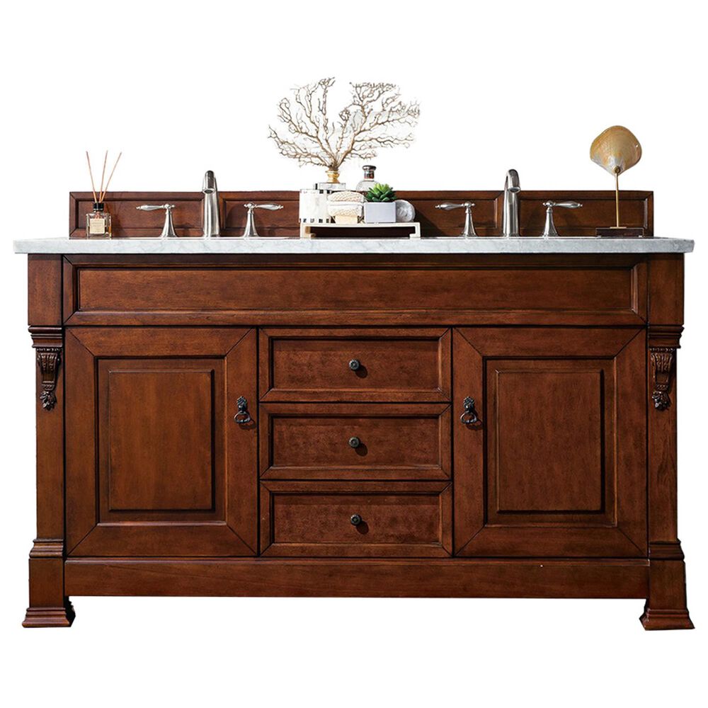 James Martin Brookfield 60" Double Bathroom Vanity in Warm Cherry with 3 cm Eternal Jasmine Pearl Quartz Top and Rectangle Sink, , large