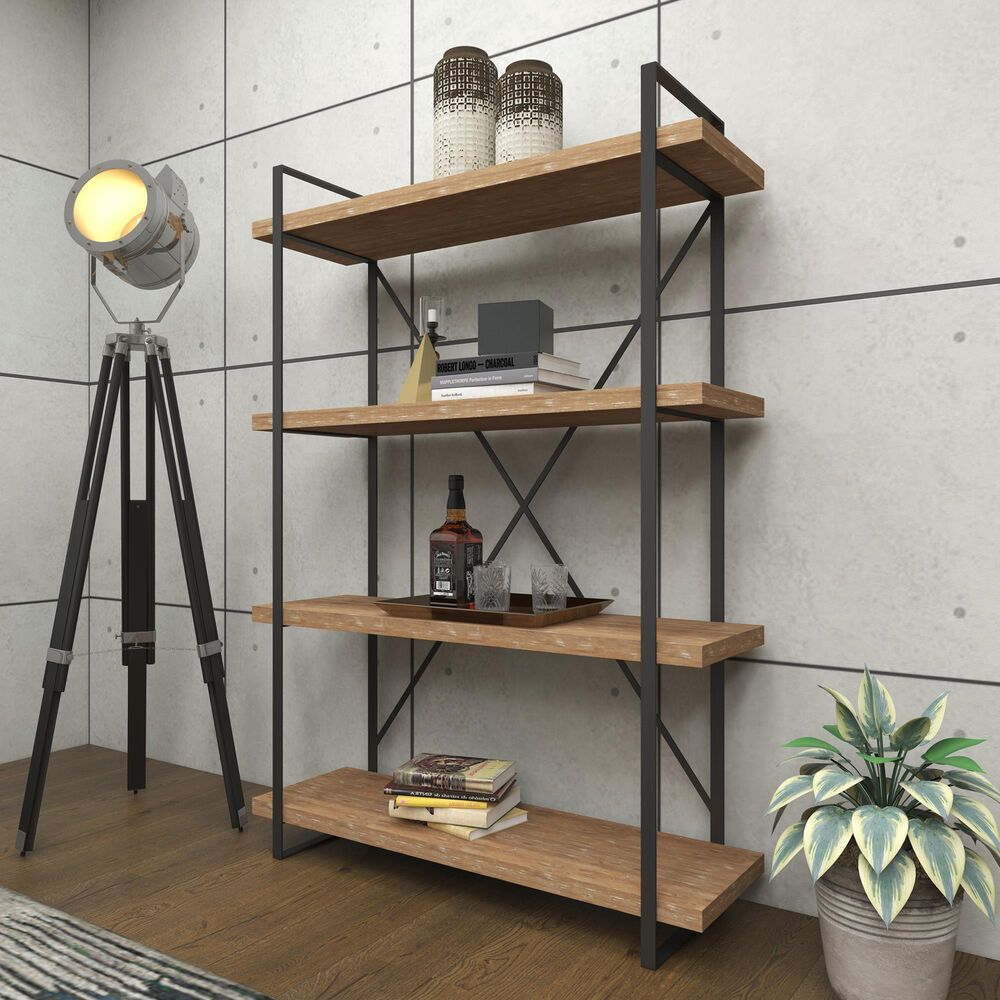 Maple and Jade 4-Shelf Industrial Shelving Unit in Rustic Distressed Brown and Black, , large