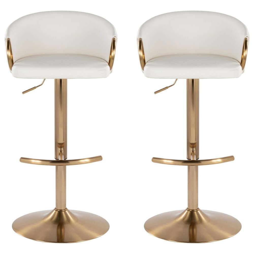 LumiSource Claire Swivel Adjustable Barstool with White Faux Leather Upholstery in Gold (Set of 2), , large