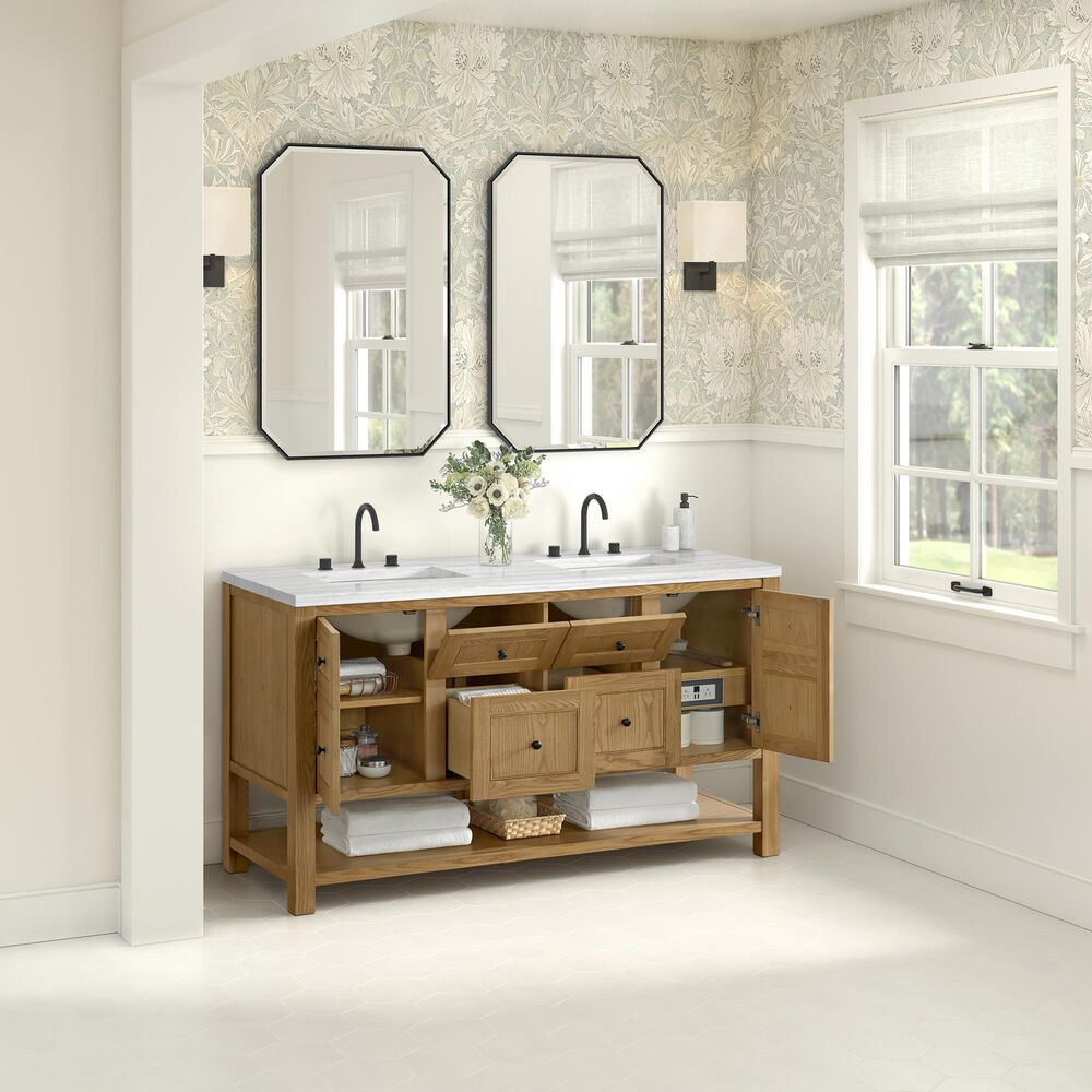 James Martin Vanities Breckenridge 60&quot; Double Bathroom Vanity in Light Natural Oak with 3 cm Arctic Fall Solid Surface Top and Rectangular Sinks, , large