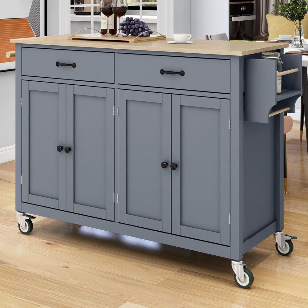HOMLUX 54" Kitchen Island with Solid Wood Top and Locking Wheels in Grey Blue, , large