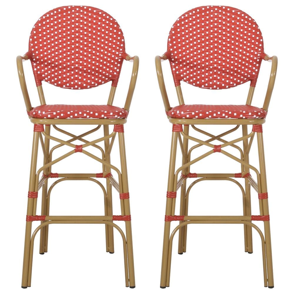 Hearth and Haven Outdoor Wicker French Barstool with Curved Design in Red (Set of 2), , large