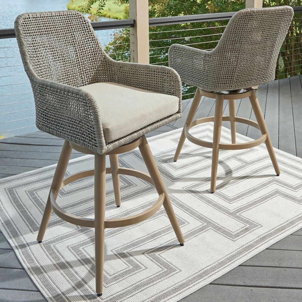 Ashley Seton Creek Patio Bar Stool with Cushion in Beige and Gray (Set of 2), , large