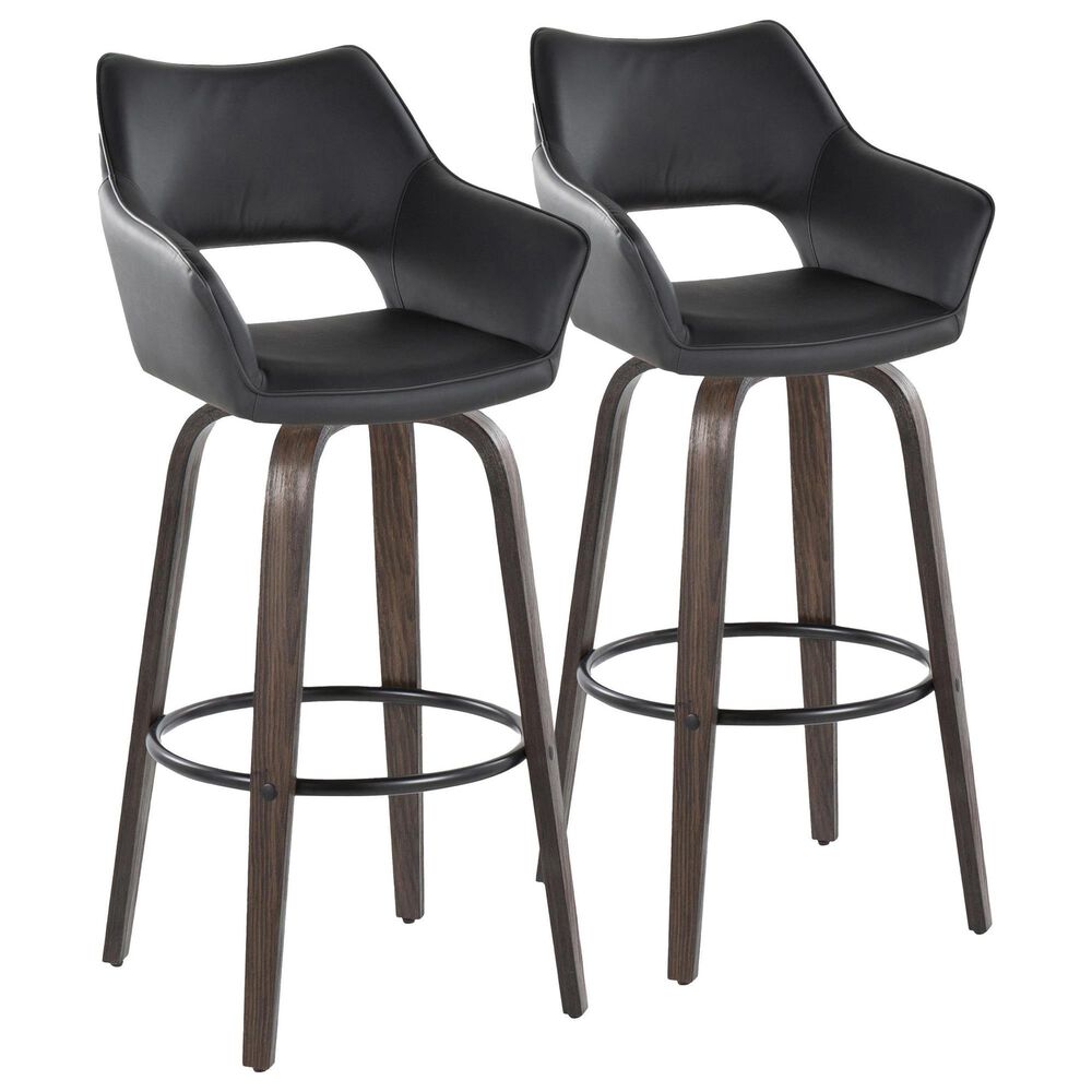 LumiSource Mustang 30" Swivel Bar Stool with Black Faux Leather Upholstery in Glazed Walnut and Black (Set of 2), , large