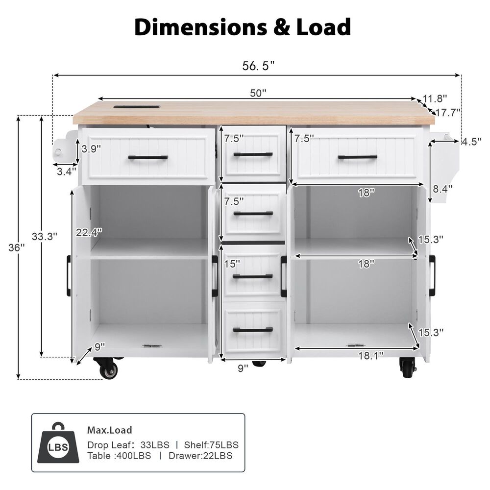HOMLUX 56.5'' Kitchen Island with Drop Leaf in White and Natural, , large