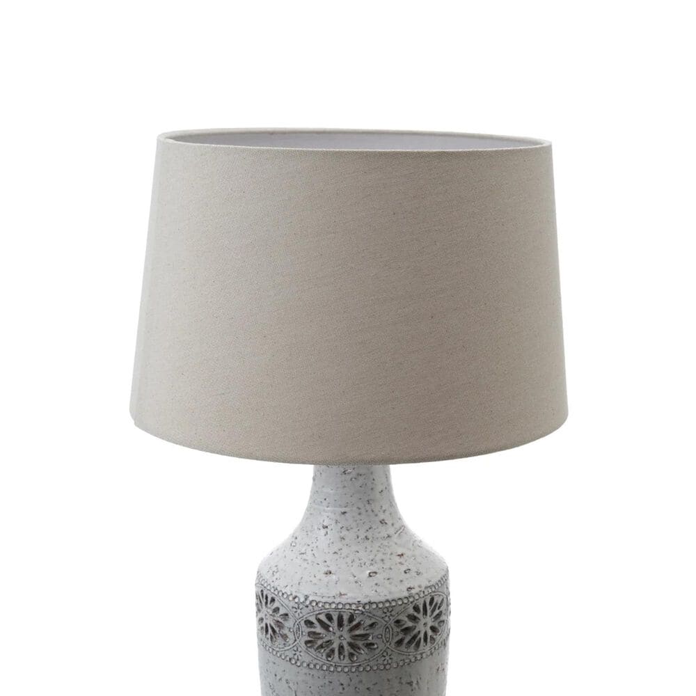Teak Interiors Clementine Vintage Reproduction Table Lamp with Linen Shade in White Reactive Glaze, , large