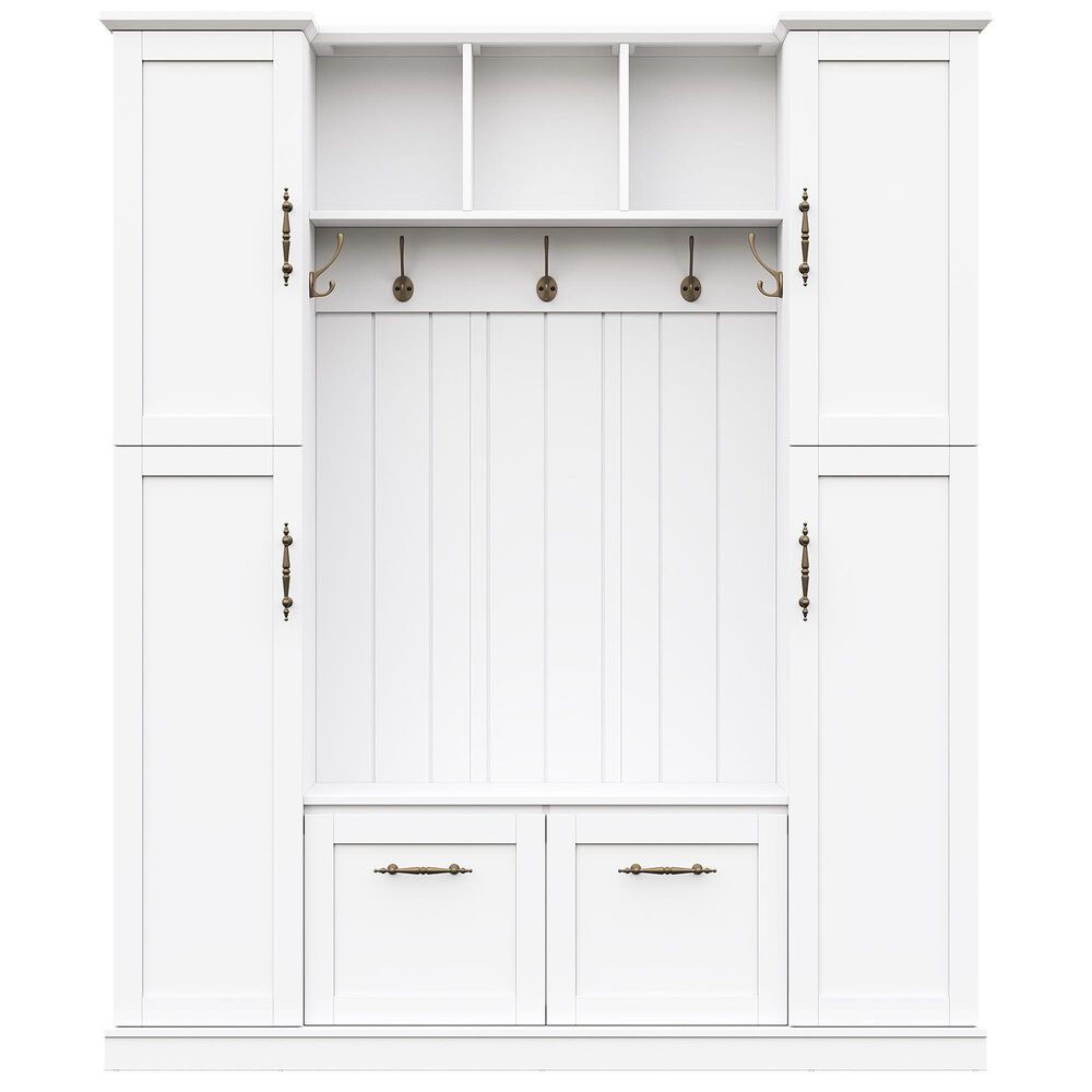 HOMLUX 5-Hook Hall Tree with 4 Side Cabinets and Storage Bench in White, , large