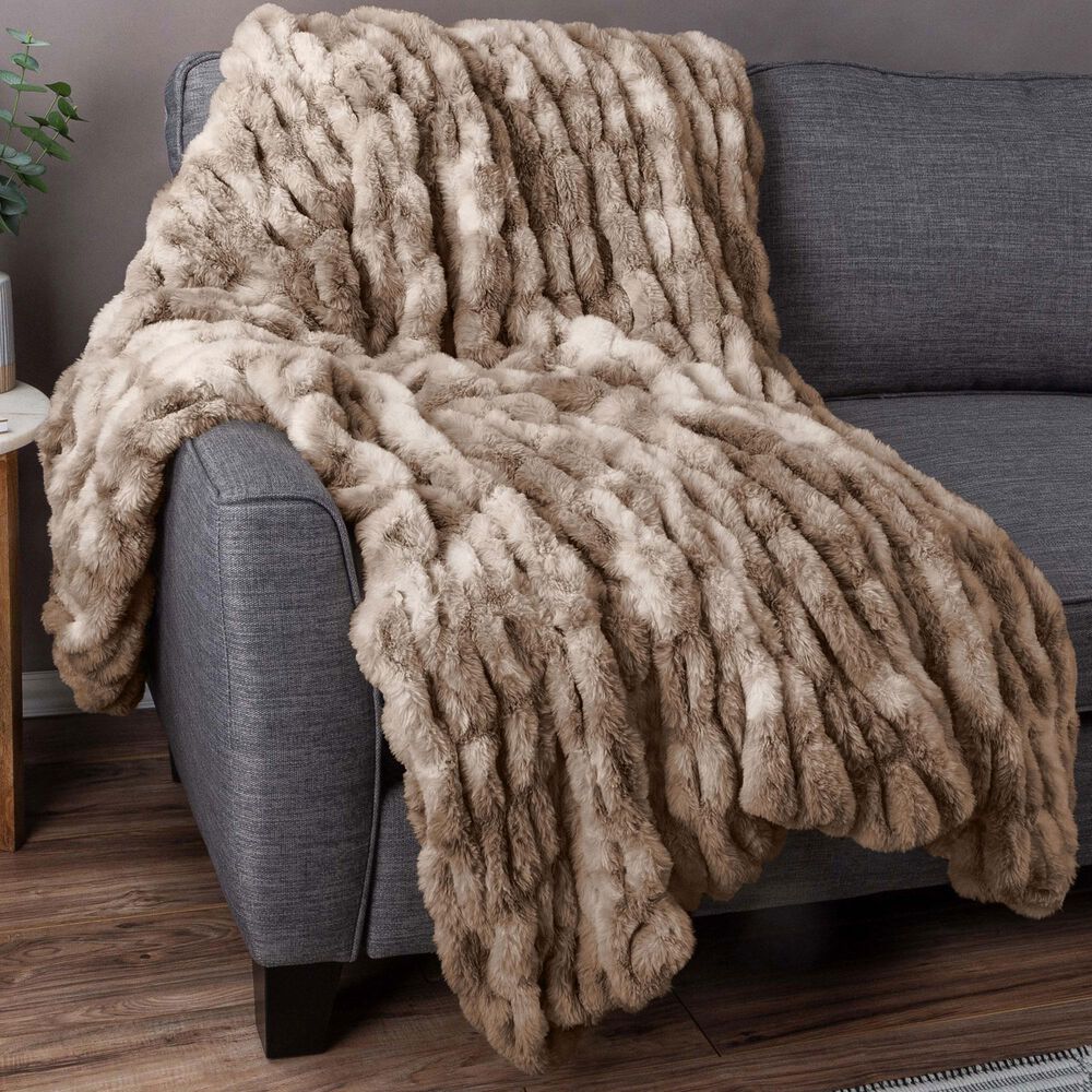 Timberlake 60" x 80" Ruched Faux Fur Throw Blanket in Taupe, , large