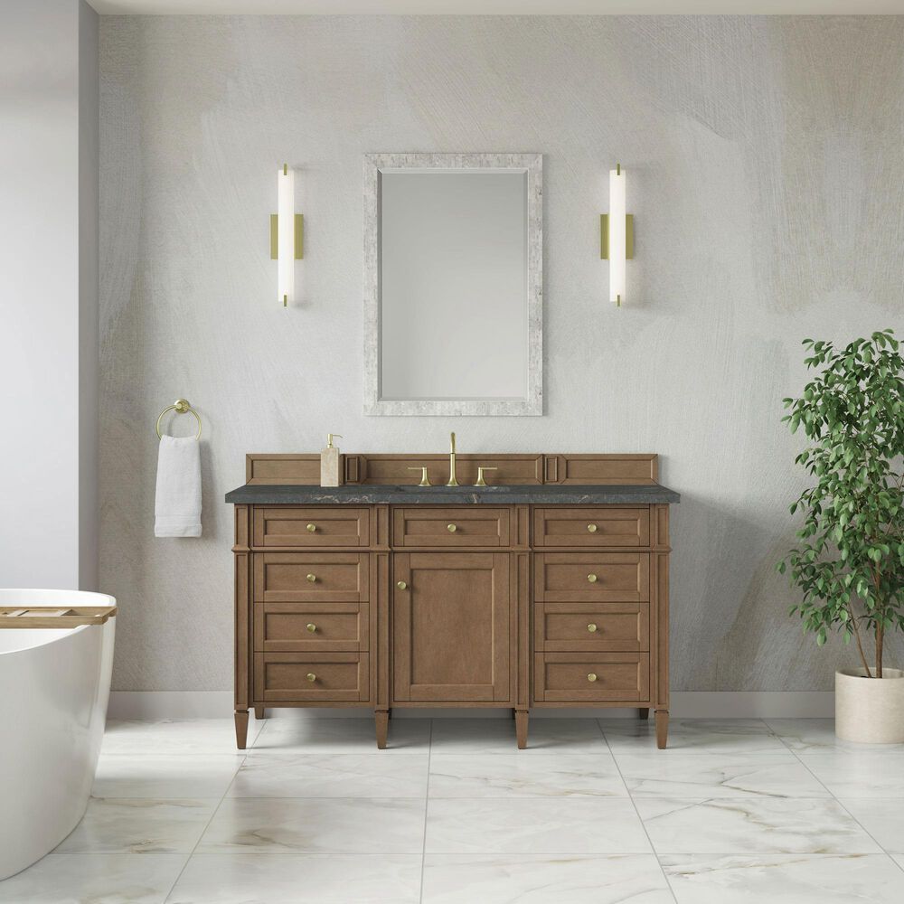 James Martin Brittany 60" Single Bathroom Vanity in Pecan with 3 cm Parisien Bleu Silestone Top, Rectangular Sink and FreePower Wireless Charger, , large