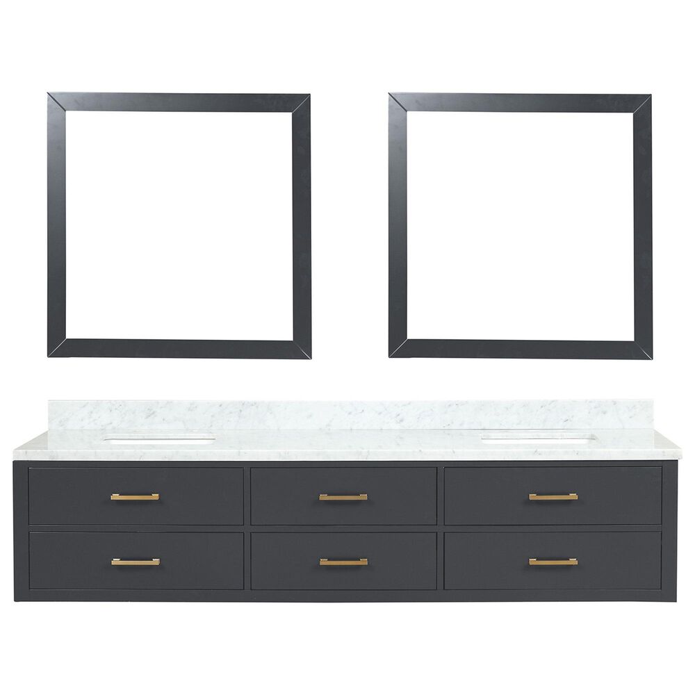 Lexora Home Castor 84&quot; Double Bathroom Vanity in Blue with 2 cm White Carrara Marble Top, Rectangular Sinks and 36&quot; Mirrors, , large