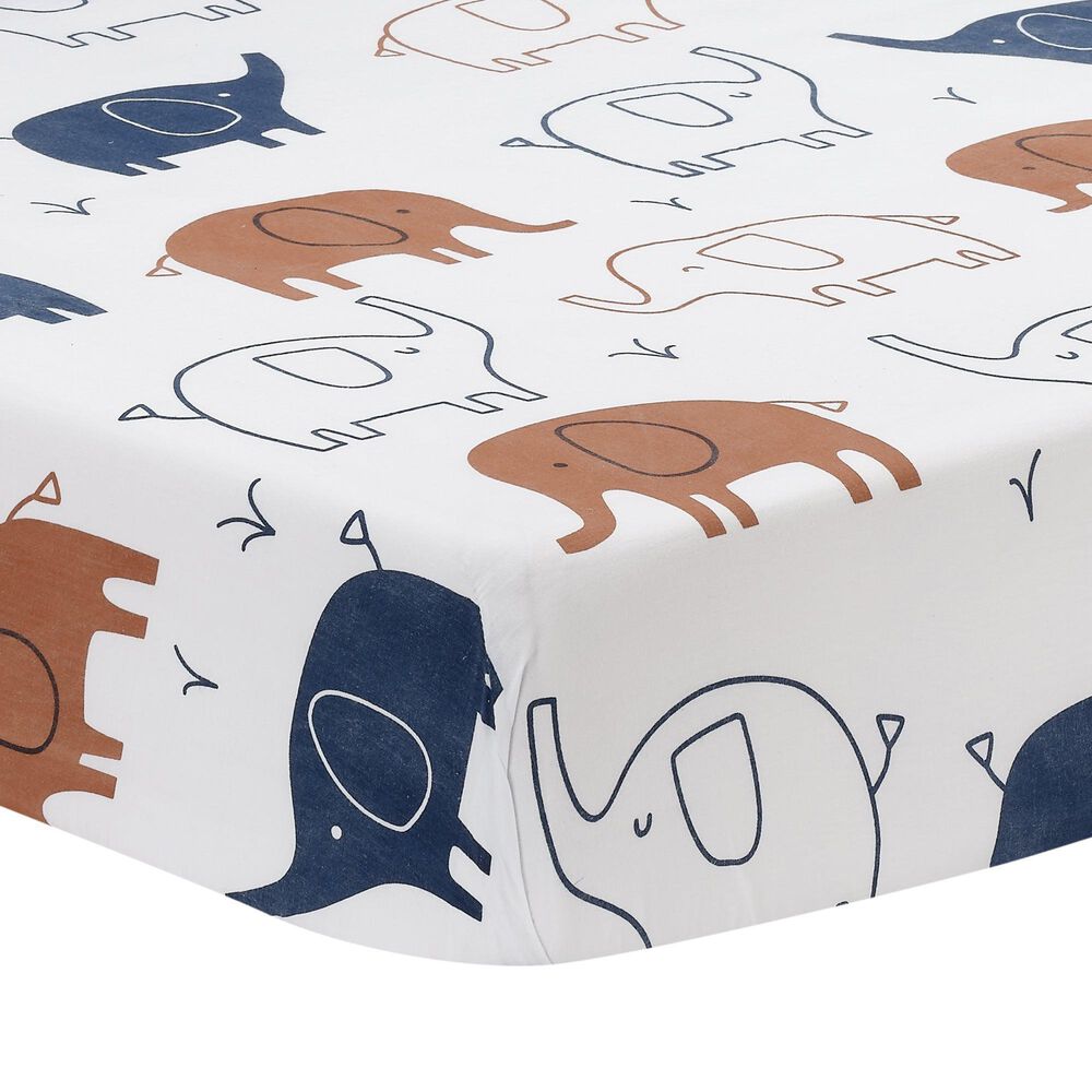 Lambs and Ivy Playful Elephant Baby Fitted Crib Sheet in White, Caramel and Indigo Blue, , large