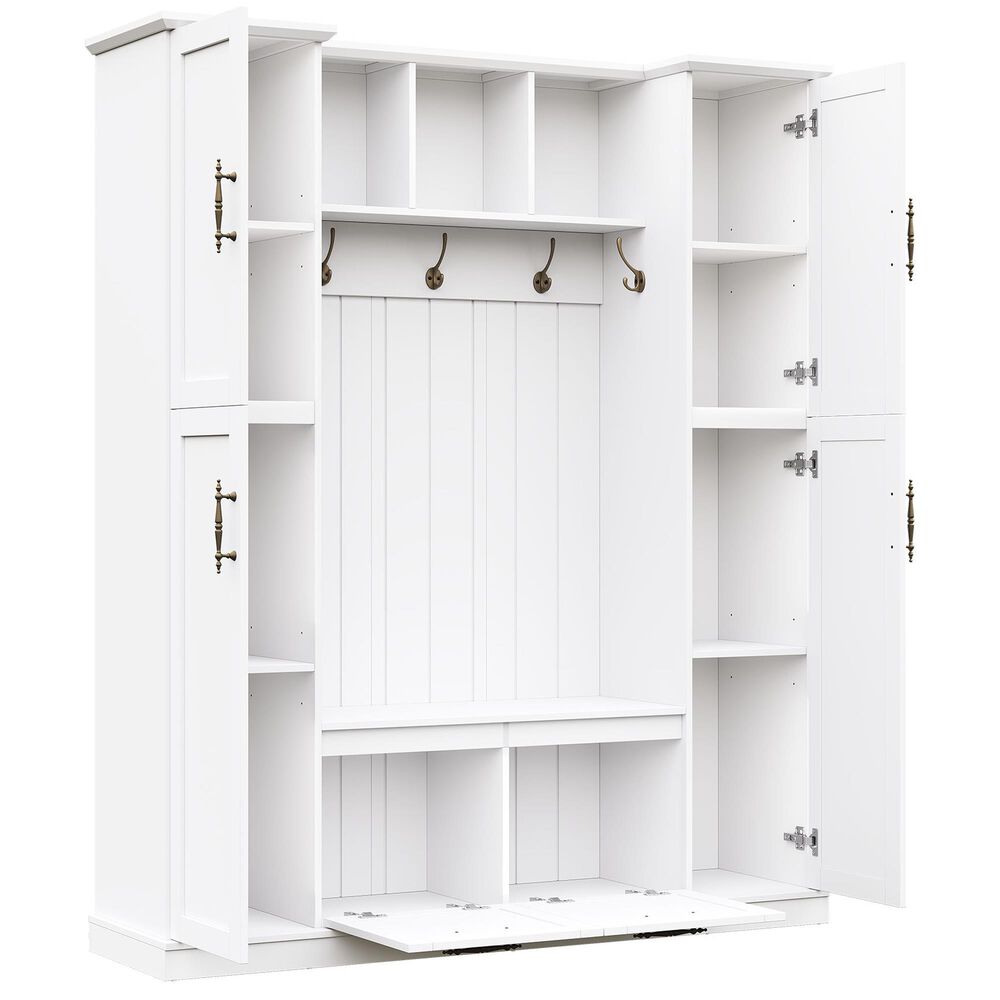 HOMLUX 5-Hook Hall Tree with 4 Side Cabinets and Storage Bench in White, , large