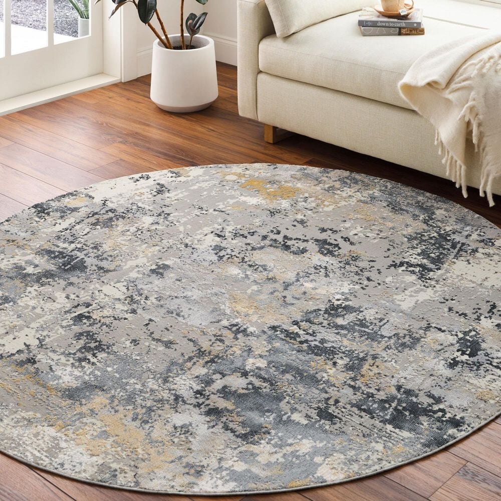 Surya Aisha 6&#39;7&quot; Round Charcoal, Gray, Light Gray and Mustard Area Rug, , large