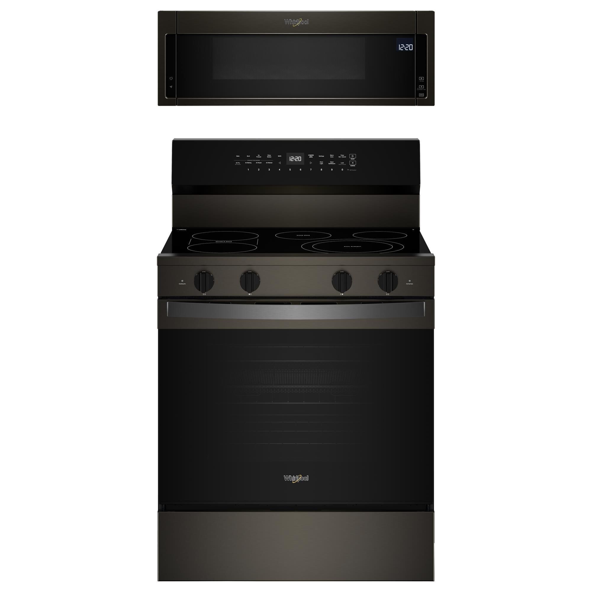 Whirlpool 2 Piece Kitchen Package with 30 Smart Electric Range and 1.1 Cu. Ft. Low Profile Microwave Hood Combination in Black Stainless Steel