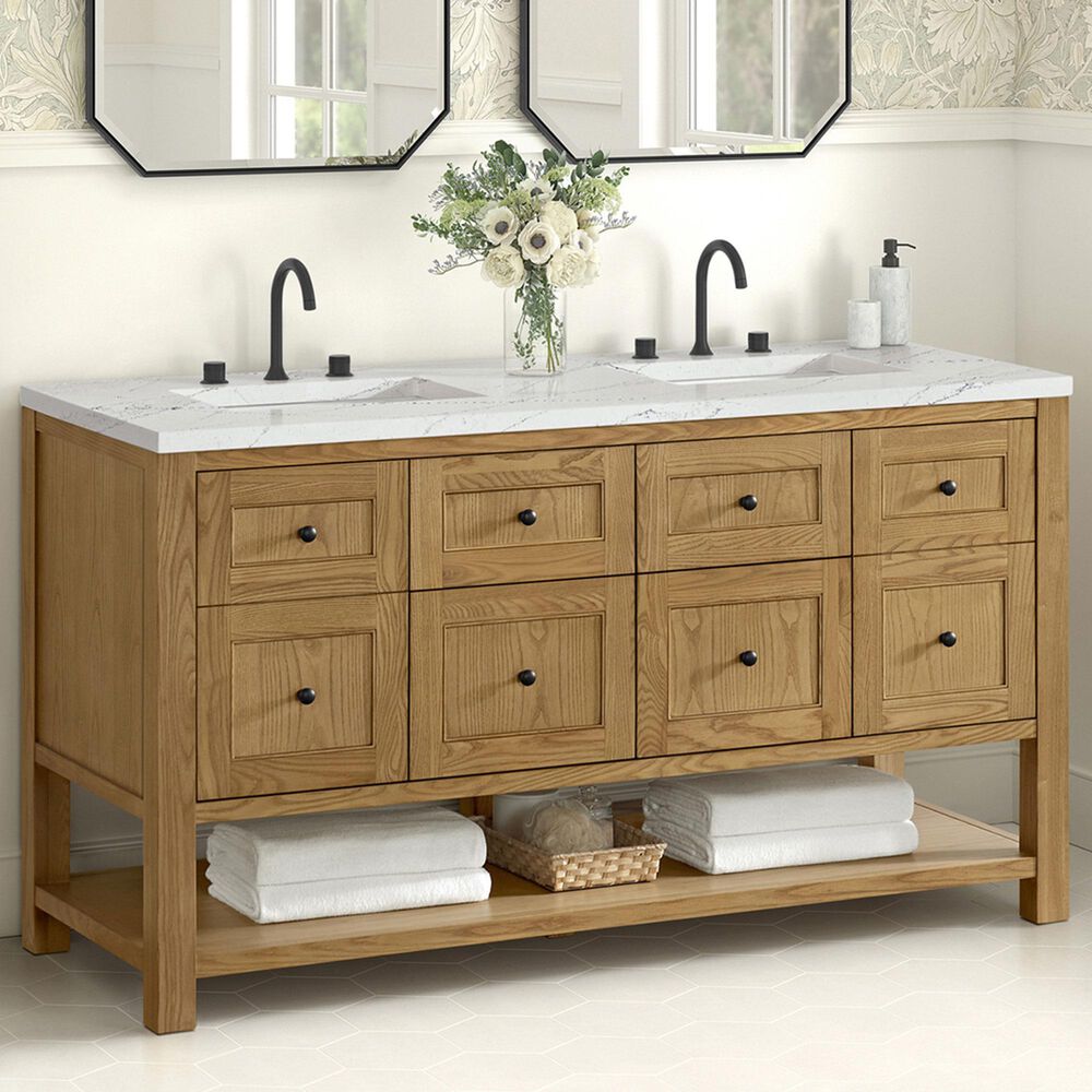 James Martin Vanities Breckenridge 60&quot; Double Bathroom Vanity in Light Natural Oak with 3 cm Ethereal Noctis Quartz Top and Rectangular Sinks, , large