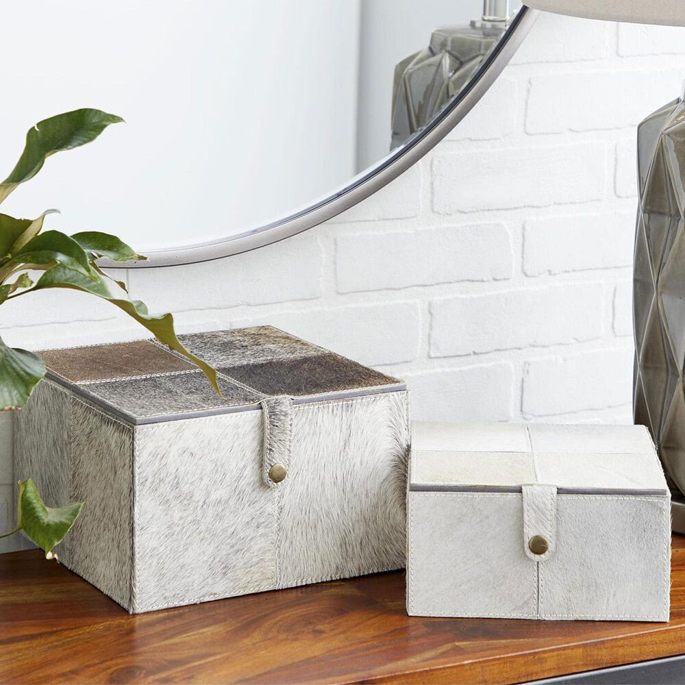 Maple and Jade 2-Piece Handmade Cowhide Decorative Box Set with Leather Loop Closure in Gray and White, , large