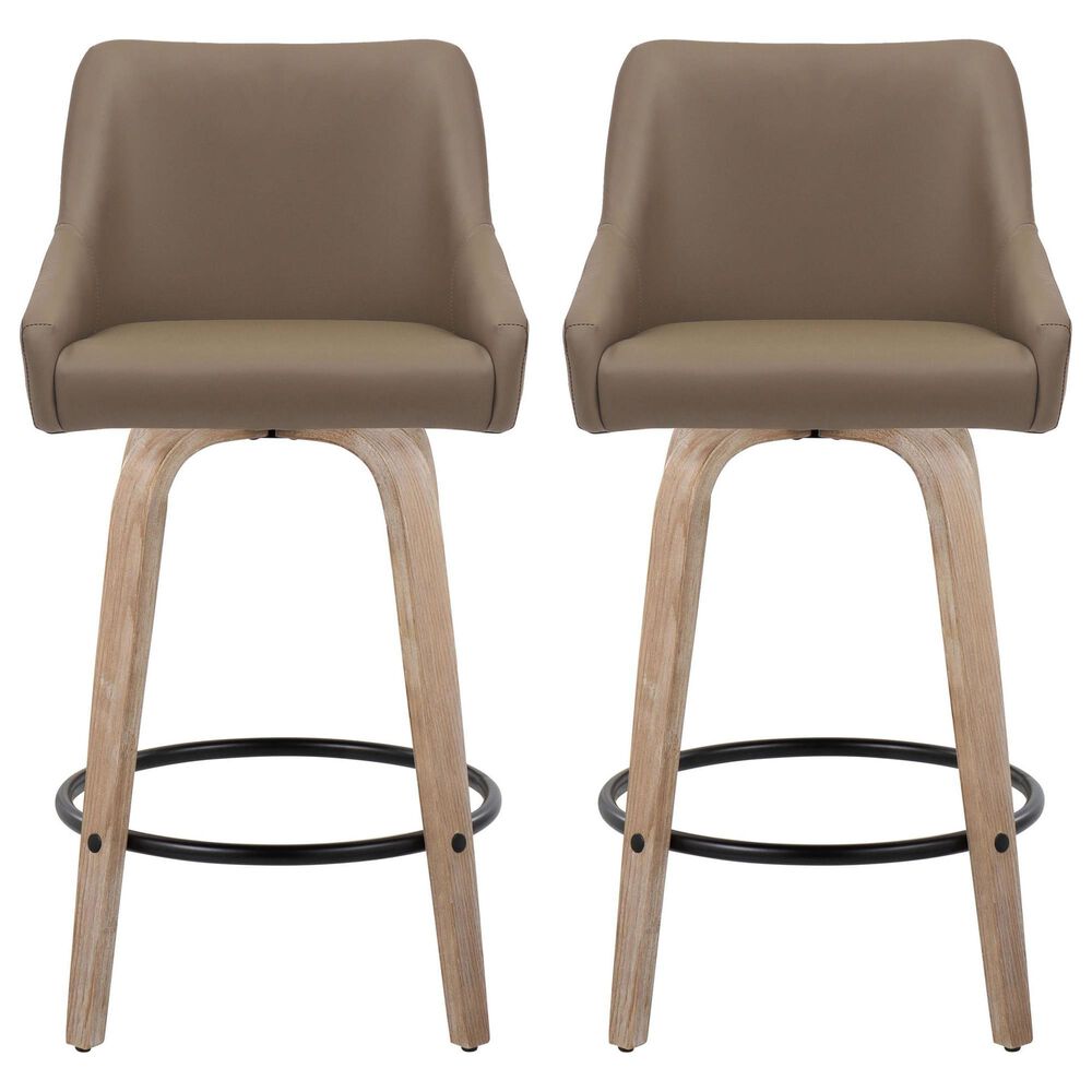LumiSource Hannah Swivel Counter Stool with Brown Faux Leather Upholstery in Whitewashed and Black (Set of 2), , large