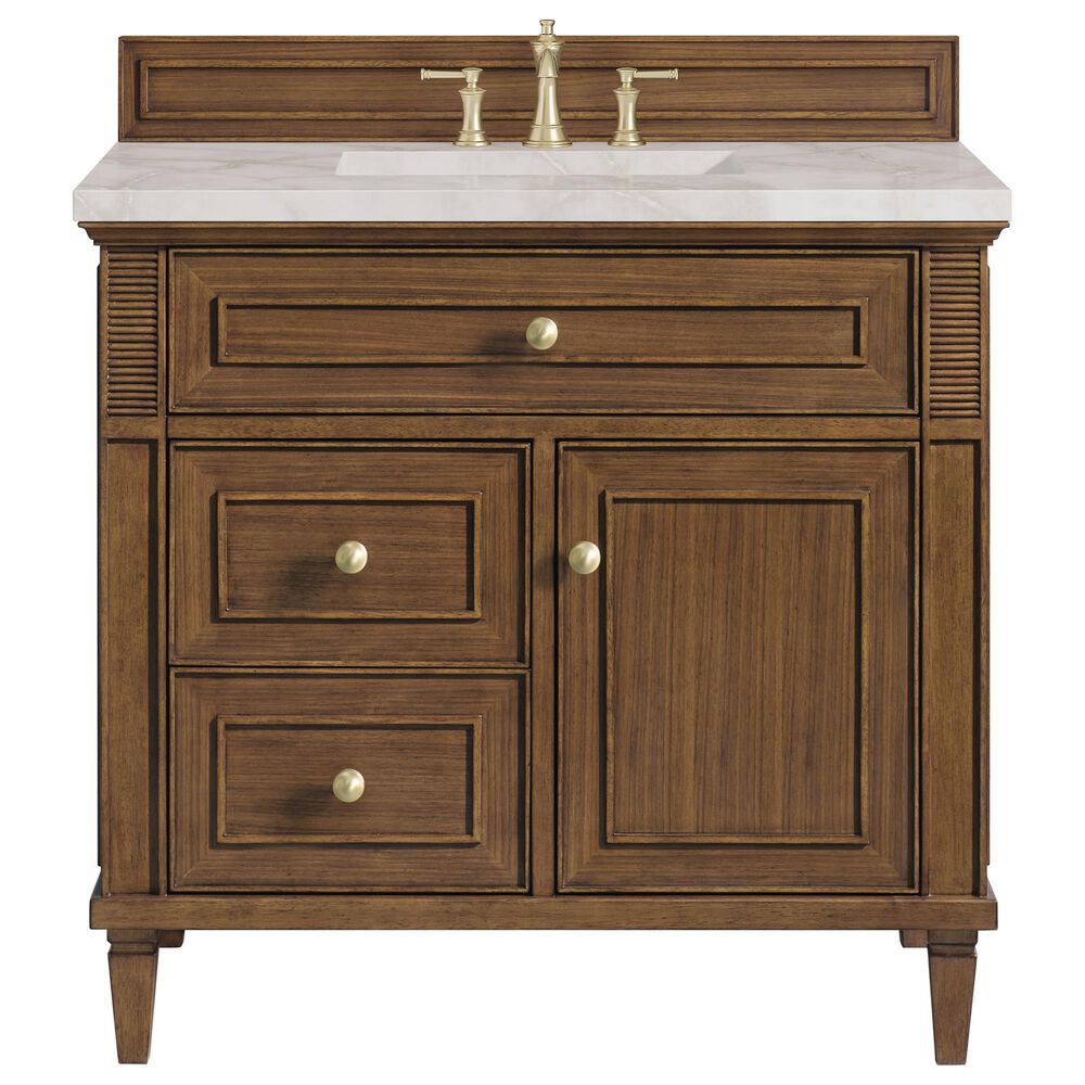 James Martin Vanities Lorelai 36&quot; Single Vanity in Mid-Century Walnut with 3 cm Victorian Silver Quartz Top, , large