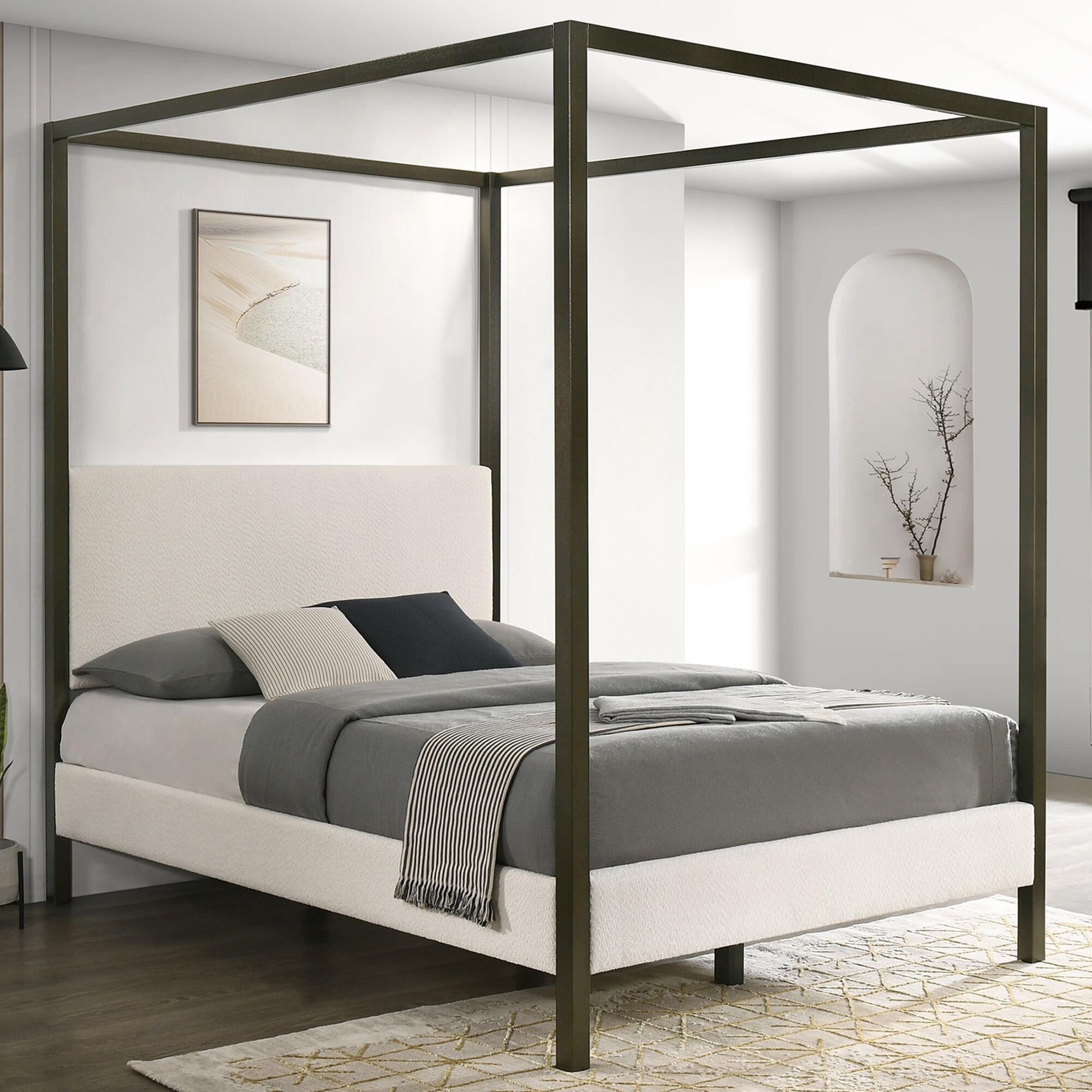 Pacific Landing Monroe Queen Upholstered Canopy Bed in Vanilla White NFM
