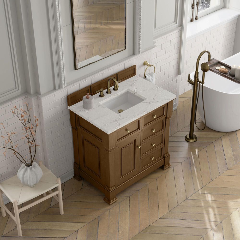 James Martin Vanities Brookfield 36" Single Bathroom Vanity in Honey Oak with 3 cm Victorian Silver Quartz Top and Rectangular Sink, , large