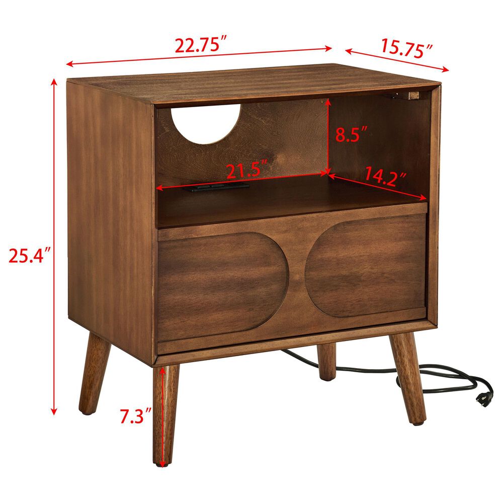 Hearth and Haven Nightstand with Charging Station USB Ports and Outlet Hole in Walnut Brown, , large