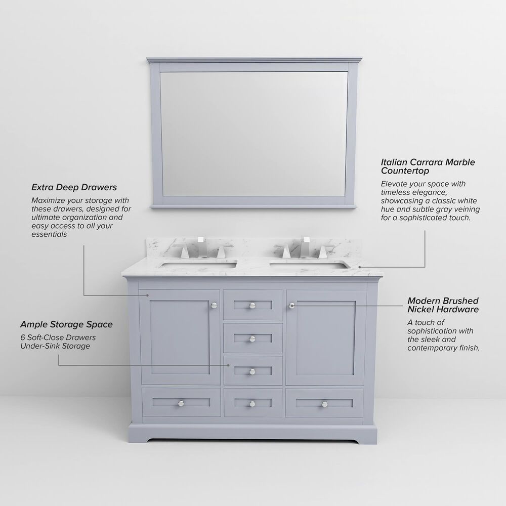 Lexora Home Dukes 48&quot; Double Bathroom Vanity in Dark Grey with 2 cm White Carrara Marble Top and Rectangular Sinks, , large