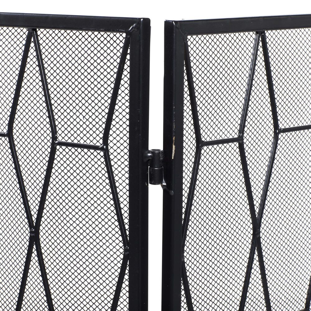 Maple and Jade Geometric Foldable Three Panel Fireplace Screen with Mesh Netting in Matte Black, , large