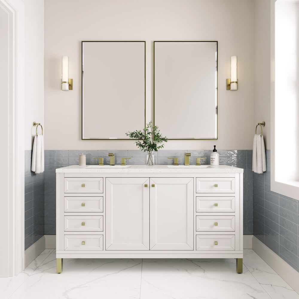 James Martin Vanities Chicago 60&quot; Double Bathroom Vanity in Glossy White with 3 cm Lime Delight Quartz Top and Rectangular Sinks, , large