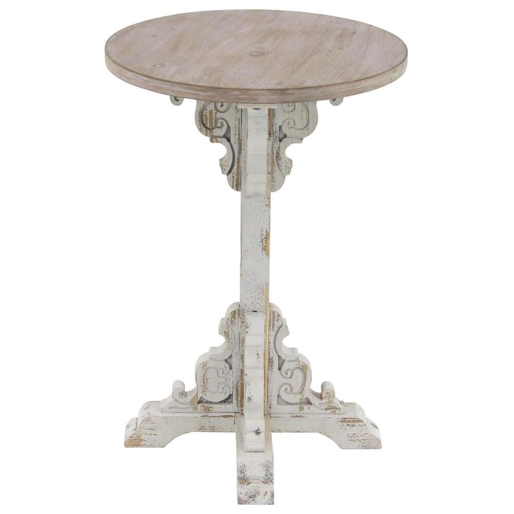 Maple and Jade Pedestal Scroll Accent End Table in Distressed White and Dark Brown, , large