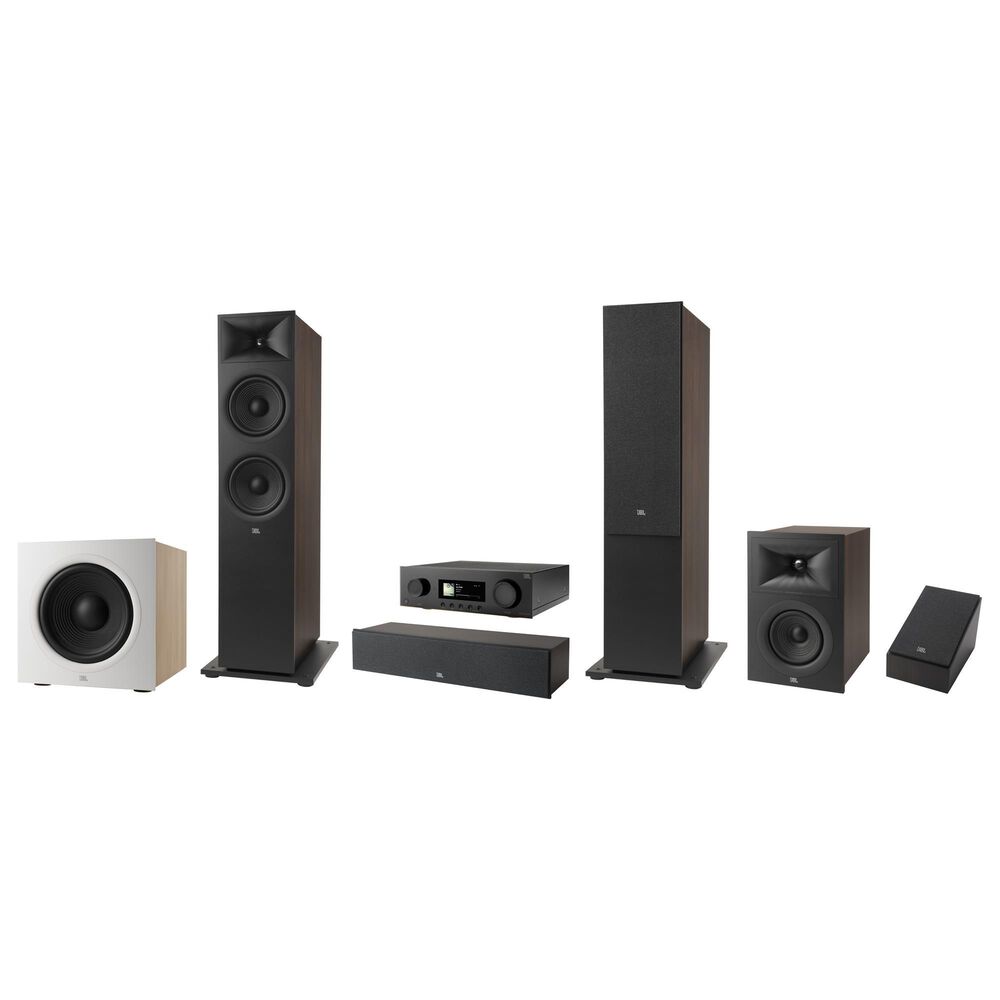 JBL 8 Floorstanding Loudspeaker + 4.5 Surround Sound Loudspeaker + 5.25 Bookshelf Loudspeaker + 4.5 Center Channel Loudspeaker in Espresso + 12" Powered Subwoofer in Latte + 9.2 Channel AV 8K Receiver in Black, , large