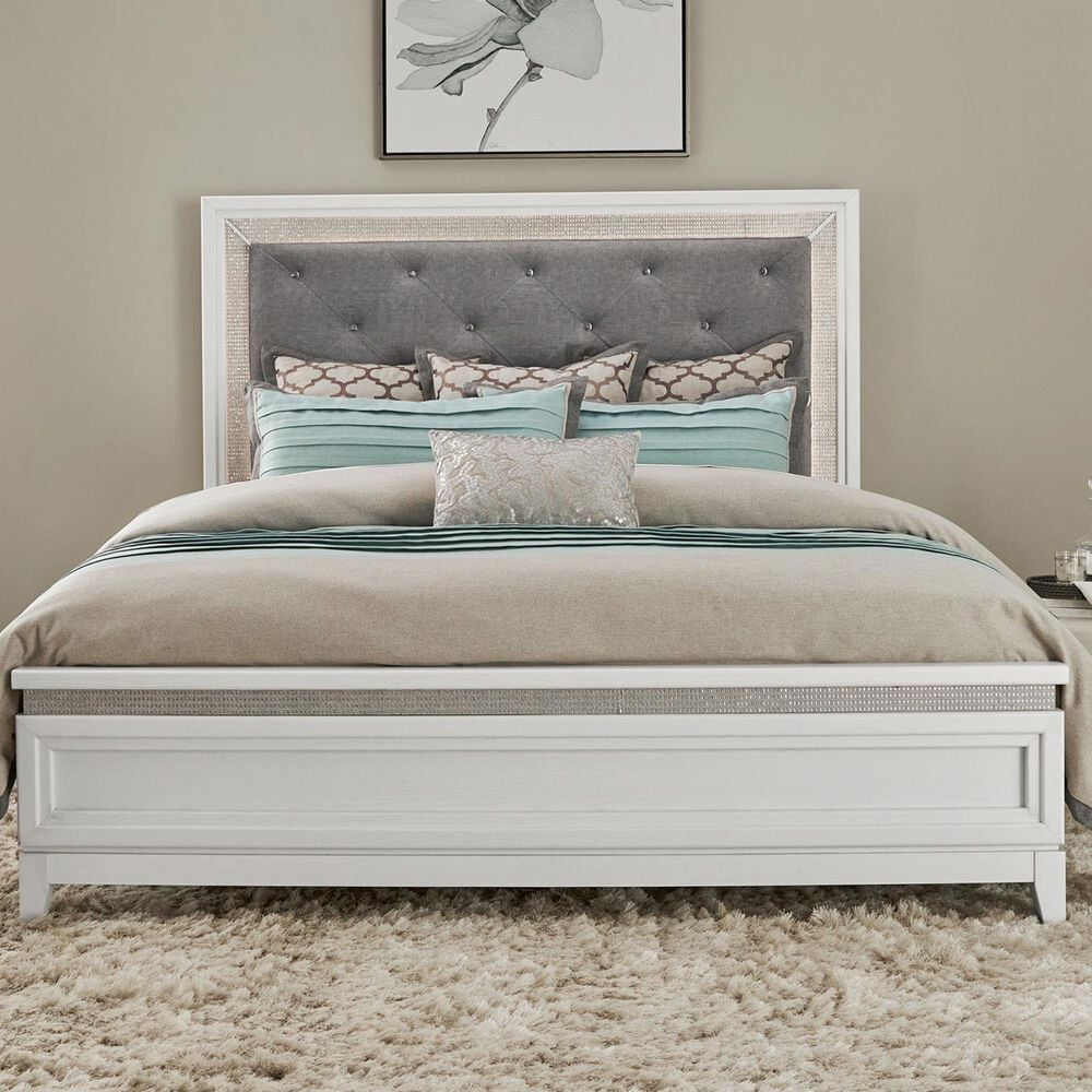 Belle Furnishings Reflections King Panel Bed with Gray Upholstered in Pearl White and Rhinestone, , large