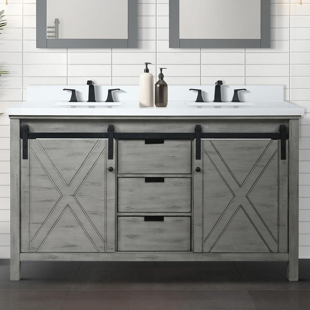 Lexora Home Marsyas 60&quot; Double Bathroom Vanity in Ash Grey with 2 cm White Cultured Marble Top and Rectangular Sinks, , large