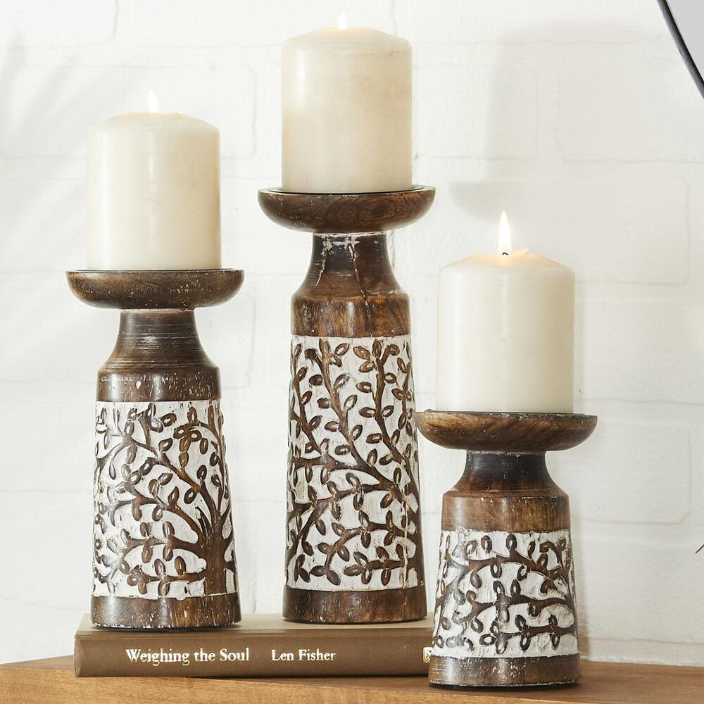 Maple and Jade Handmade Tree Candle Holder in Brown and Whitewashed &#40;Set of 3&#41;, , large