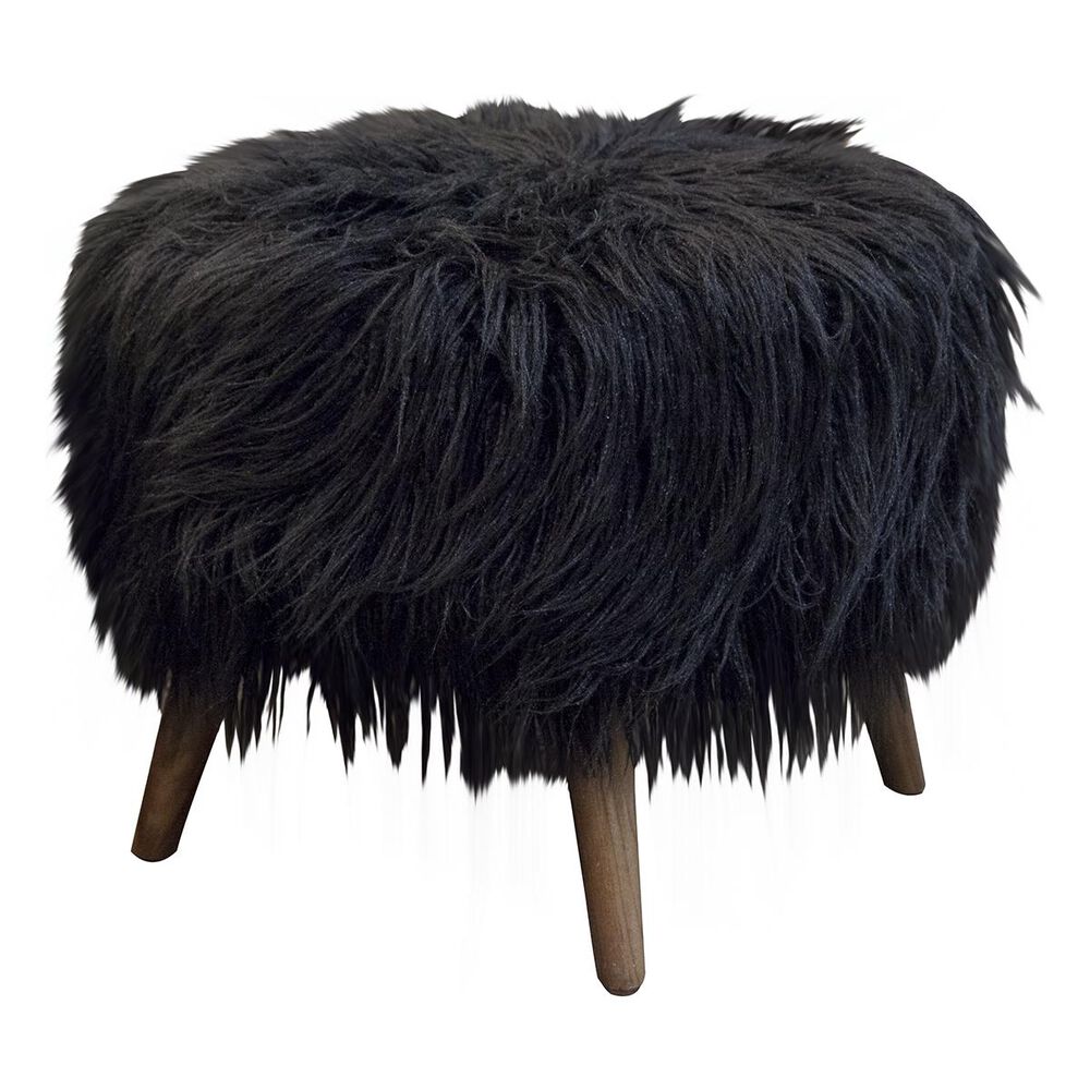 Moda Pluma Round Accent Footstool in Llama Fur Black, , large