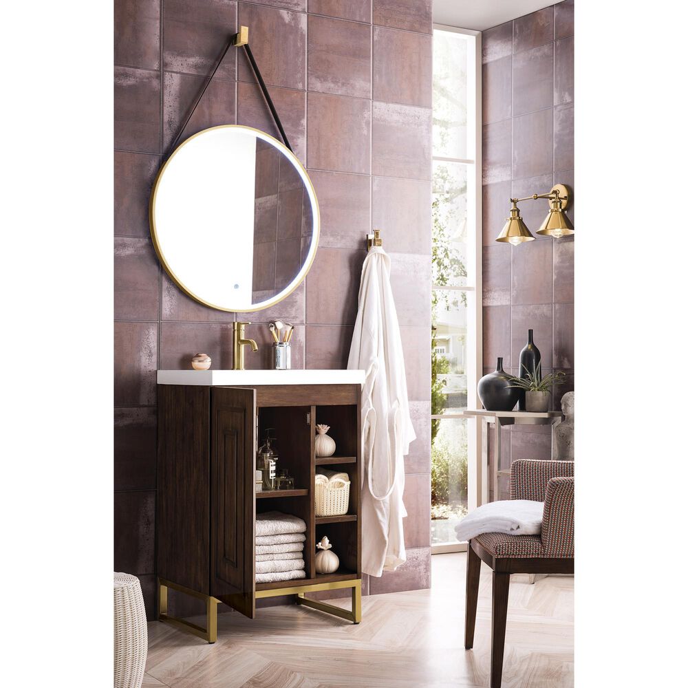 James Martin Vanities Alicante 24&quot; Single Bathroom Vanity in Mid Century Acacia and Radiant Gold with 5 cm White Glossy Resin Top and Rectangular Sink, , large